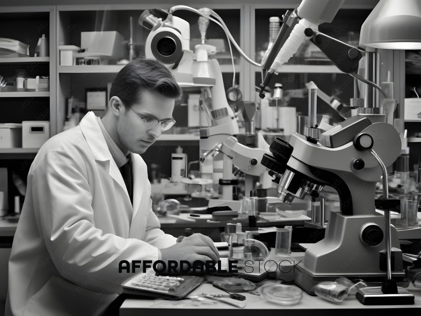 A scientist working in a lab with a microscope