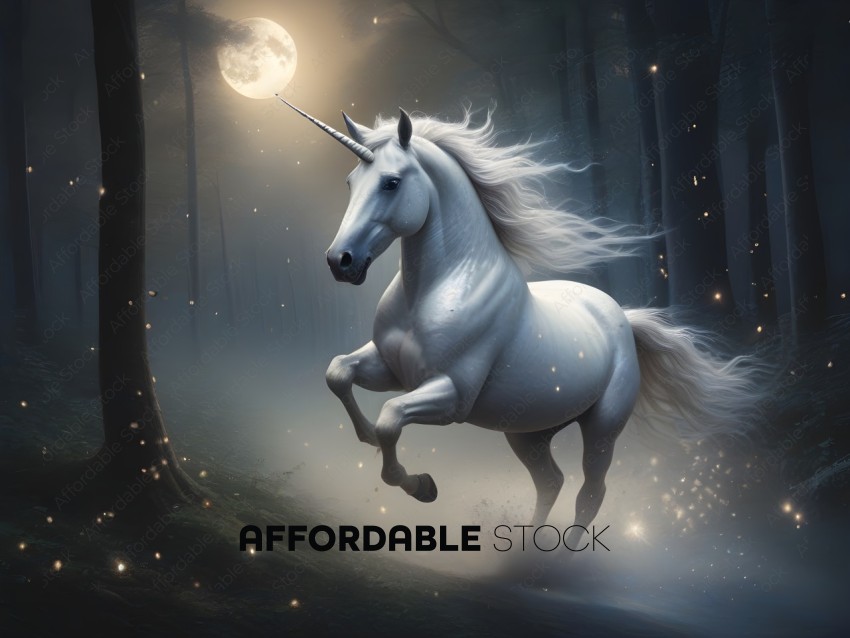 A white horse with a unicorn horn runs through a forest at night