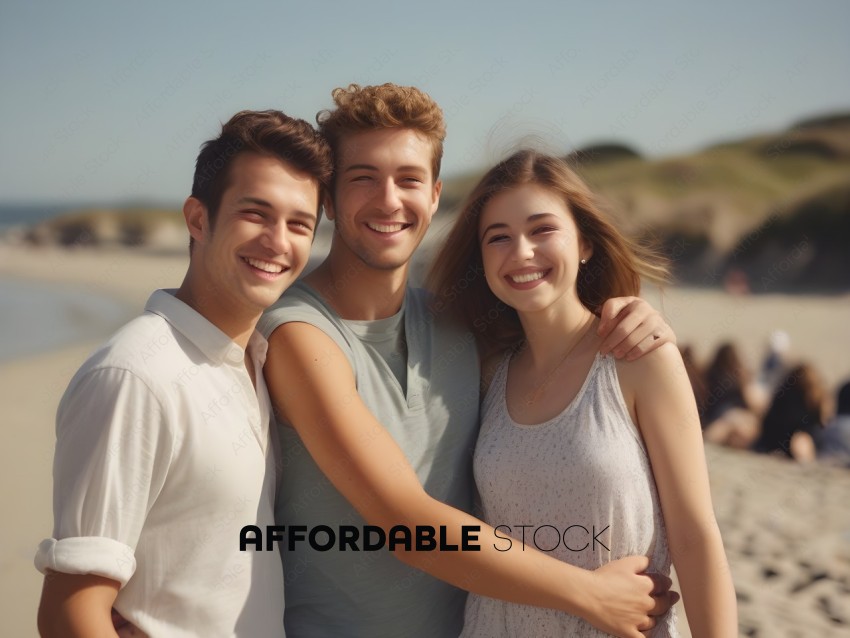 Three friends posing for a picture on the beach