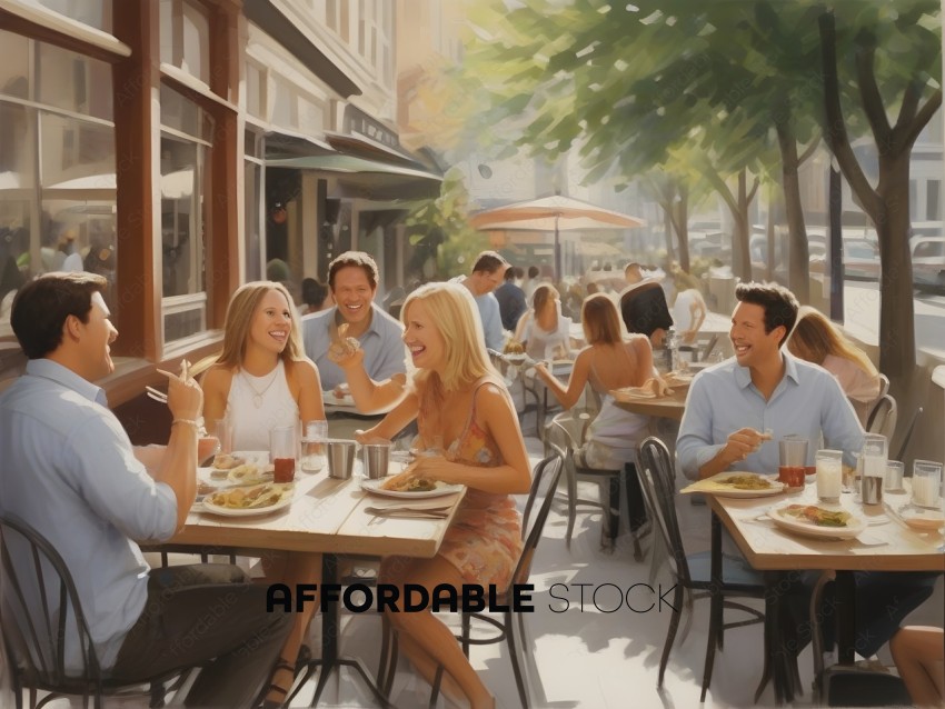 A group of people eating at an outdoor restaurant