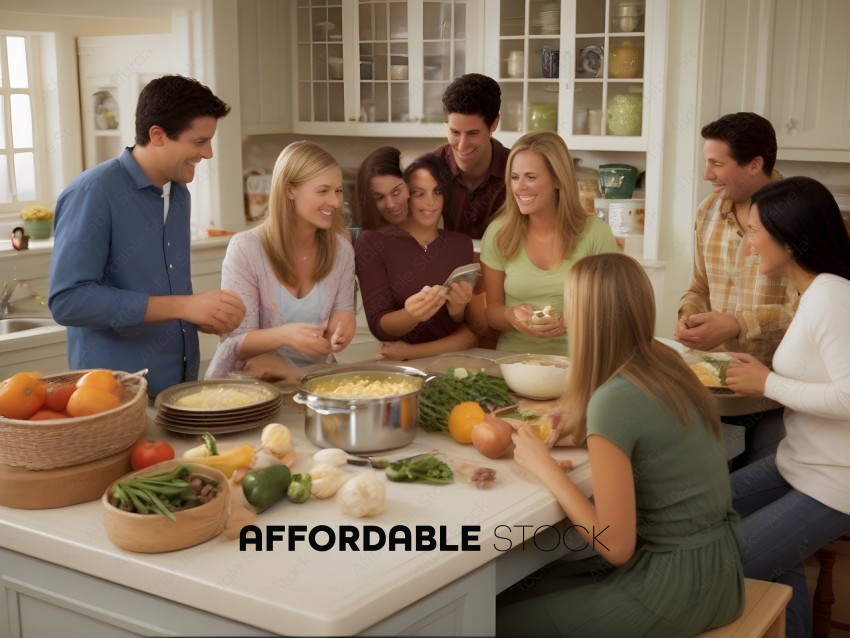 A group of people are gathered around a table with food