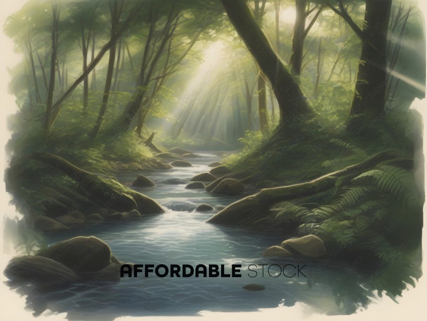 A serene forest scene with a stream and sunlight filtering through the trees