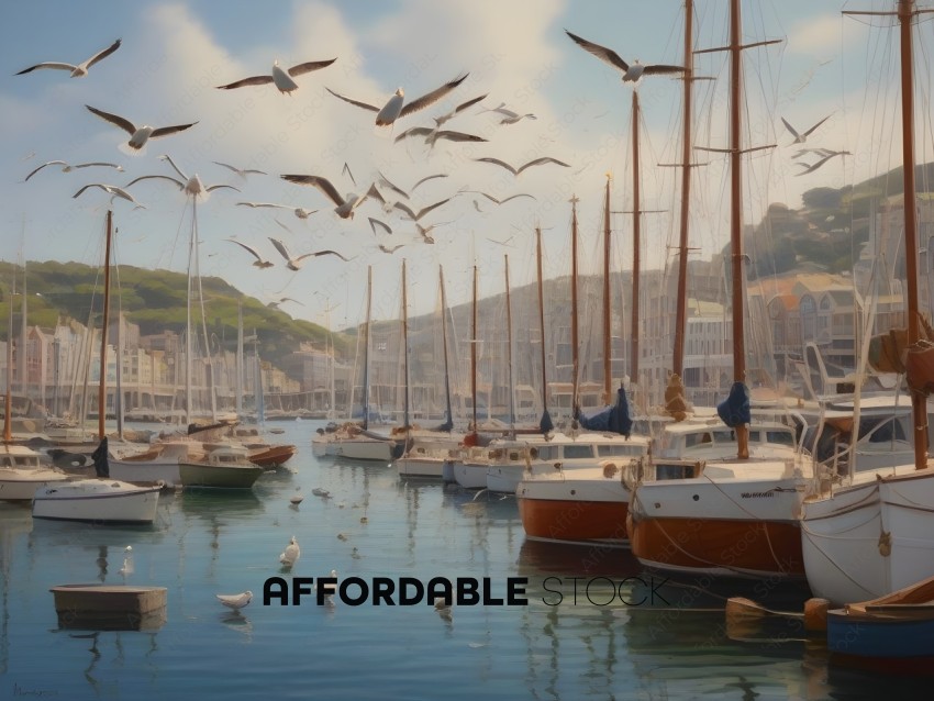 A beautiful painting of a harbor with many boats and seagulls