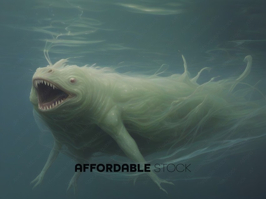 A creature with a mouth wide open swims underwater