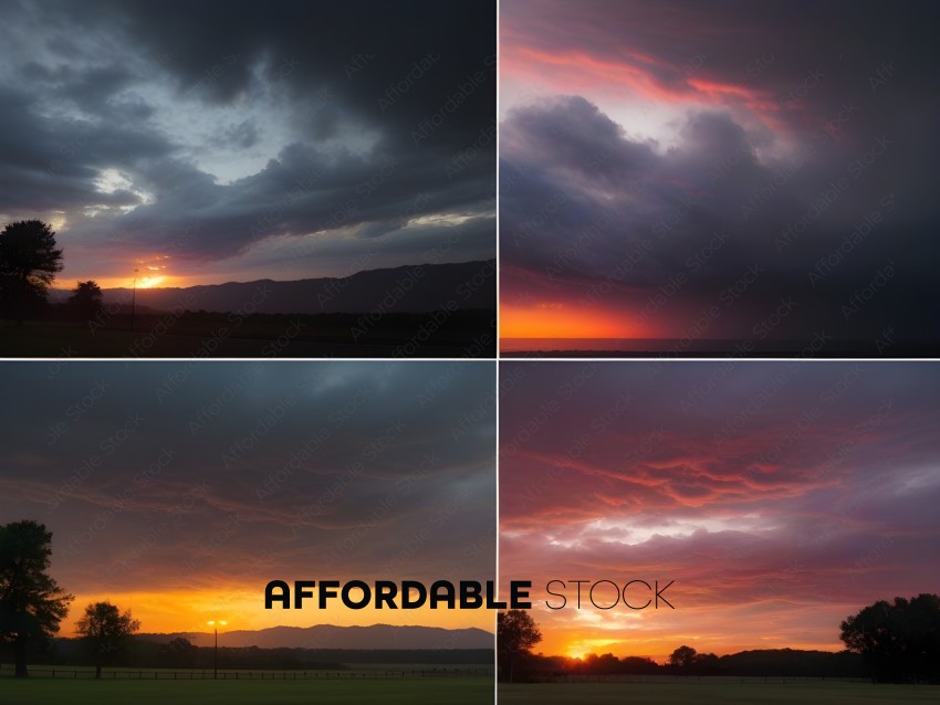 A series of four pictures of a sunset with clouds