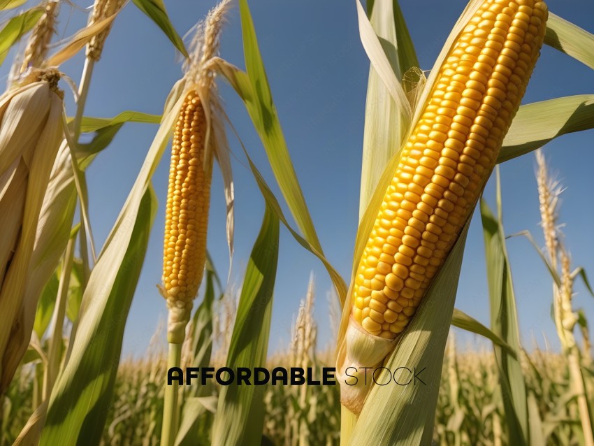 A close up of a corn plant with a few ears of corn