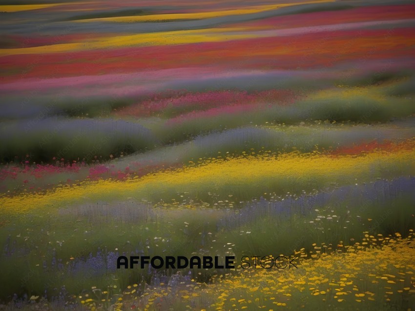A field of flowers with a mix of yellow, pink, and purple