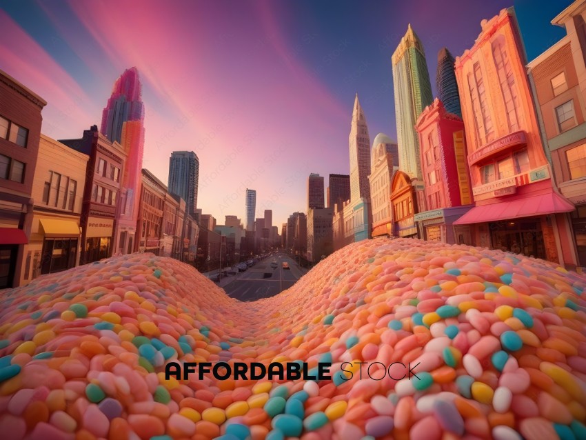 A cityscape with a rainbow of candy