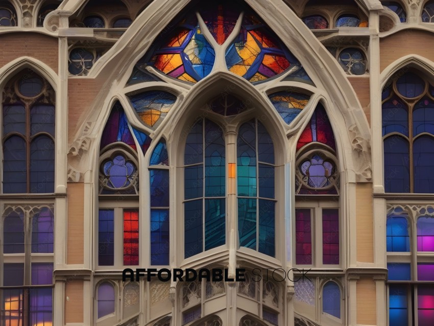 A stained glass window with a blue and red design