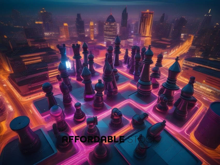 A cityscape with a chessboard and chess pieces