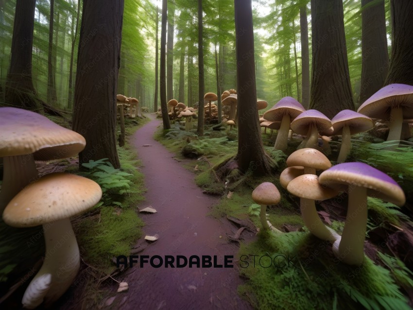 A forest path with mushrooms on both sides