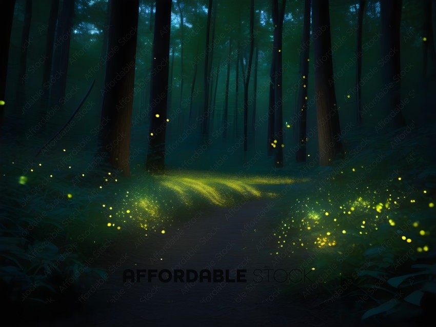 A pathway in the woods with glowing insects