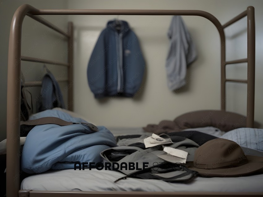 A bed with clothes and a jacket on it