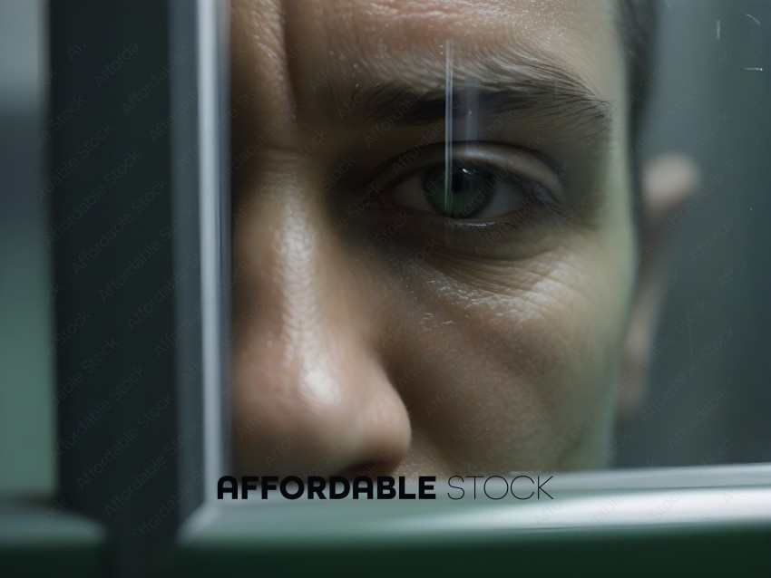 A man with a green eye looking through a window