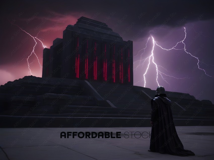 A person in a black cape stands in front of a building with red lights