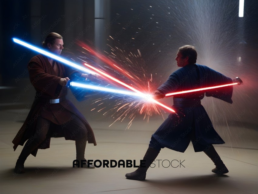 Two men are engaged in a lightsaber duel