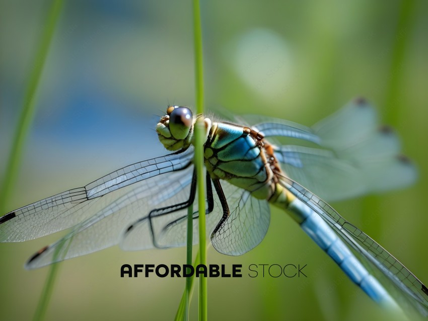 A dragonfly with a blue body and green wings