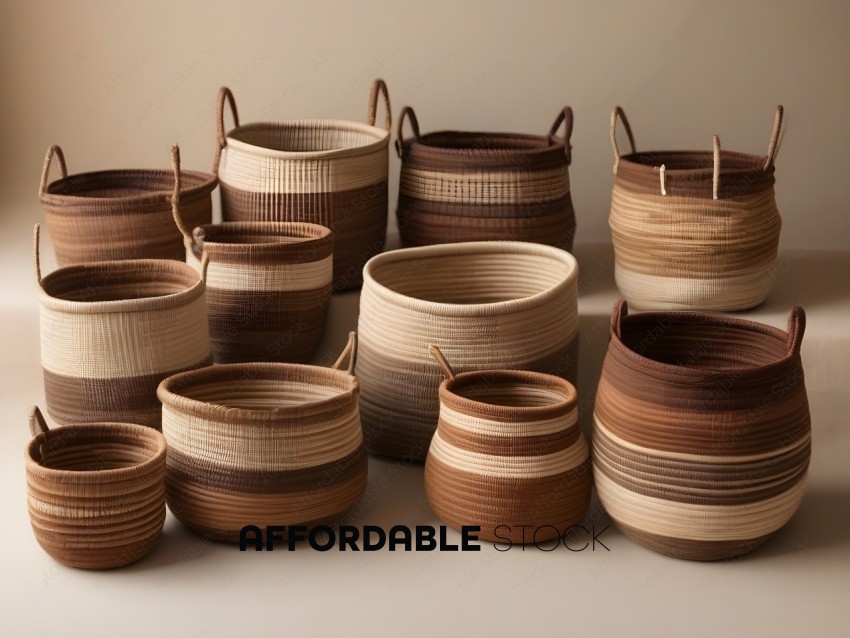A collection of brown and white striped baskets
