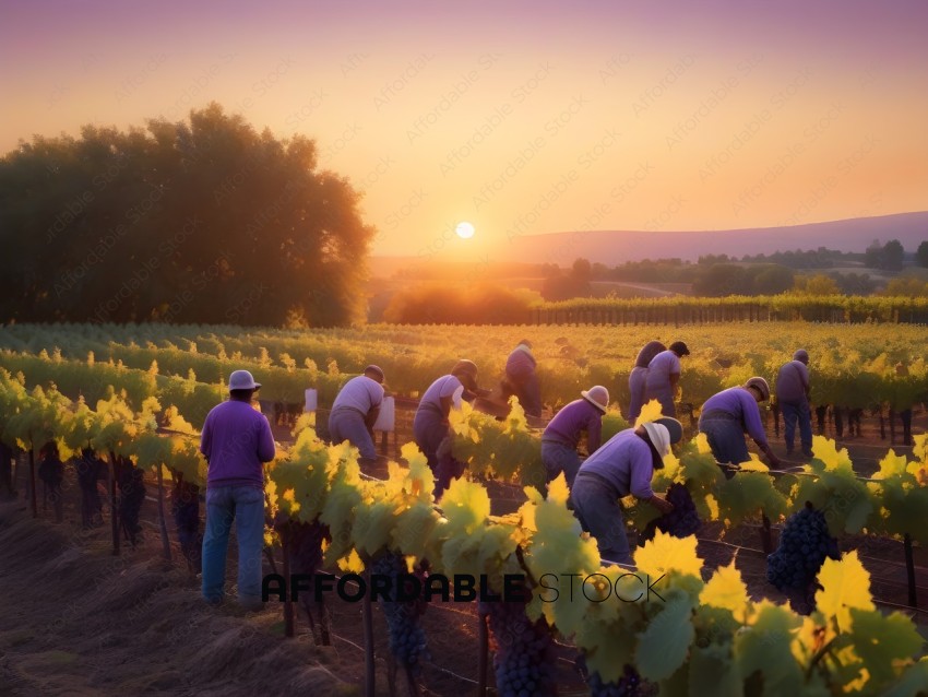 Workers in a vineyard during sunset