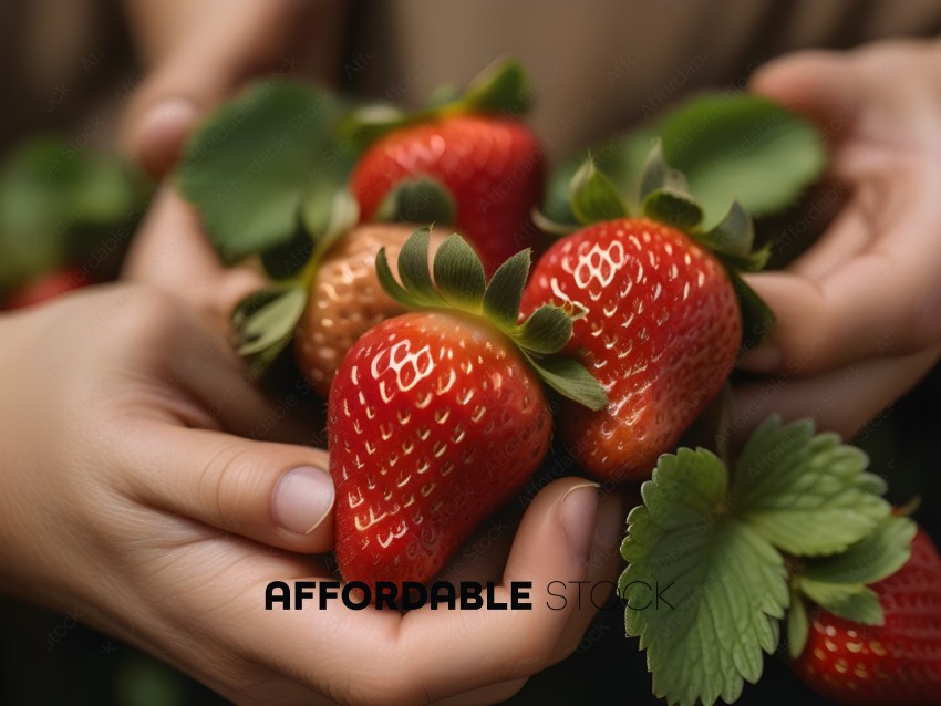 A person holding a bunch of strawberries