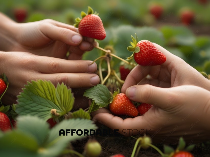 Two hands picking strawberries from a garden
