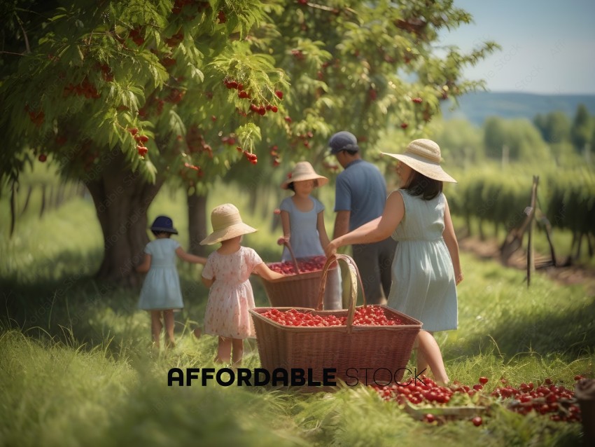 A family of four picking fruit in a field
