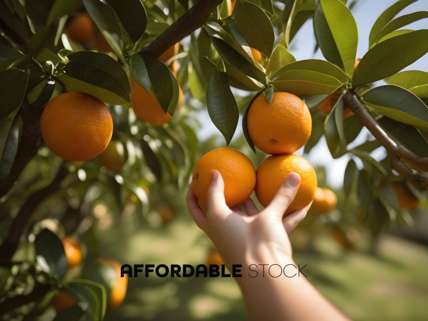 A person holding oranges in a tree