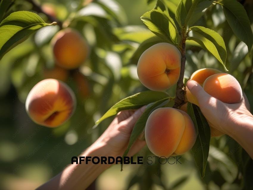 A person picking peaches from a tree