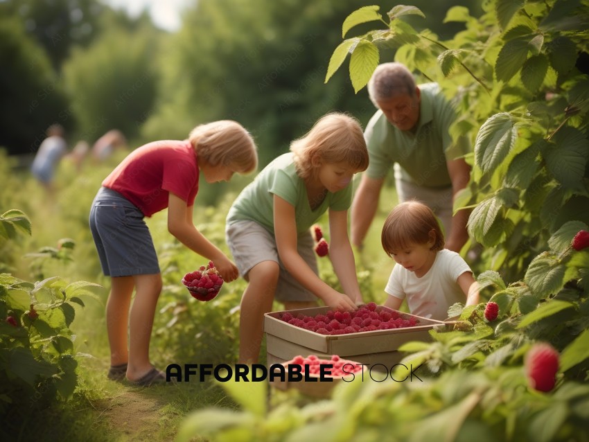 Three children picking raspberries in a garden