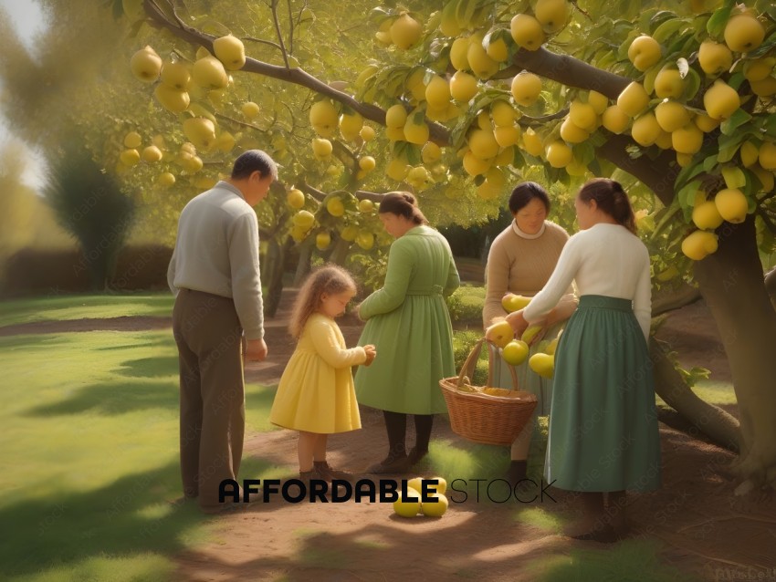 A family of four picking fruit from a tree