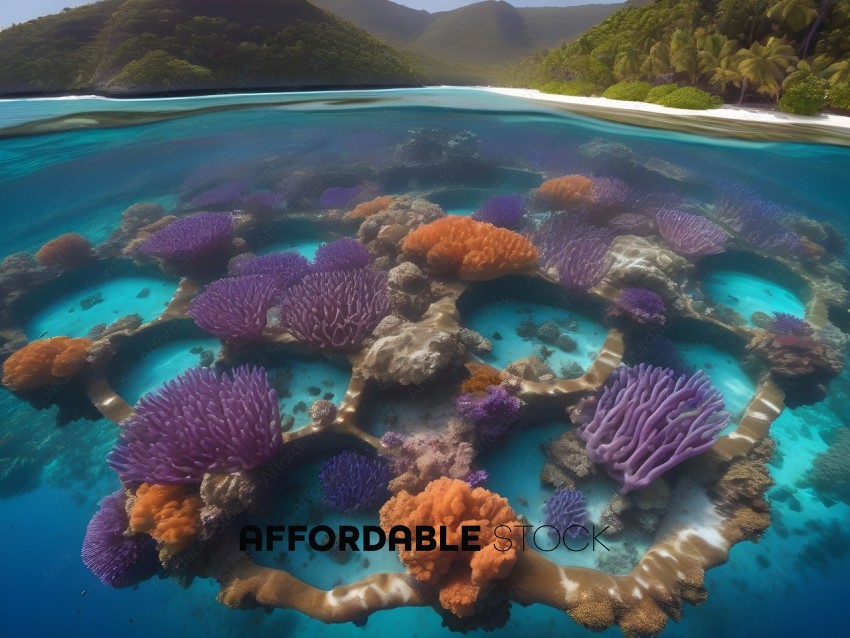 A vibrant underwater scene with a variety of coral and sea creatures