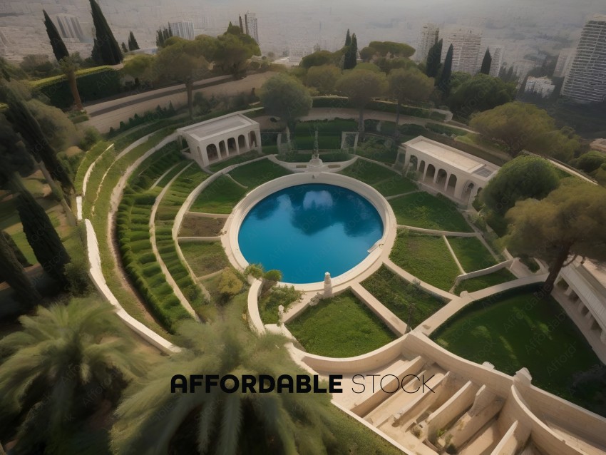 A large pool in the middle of a garden