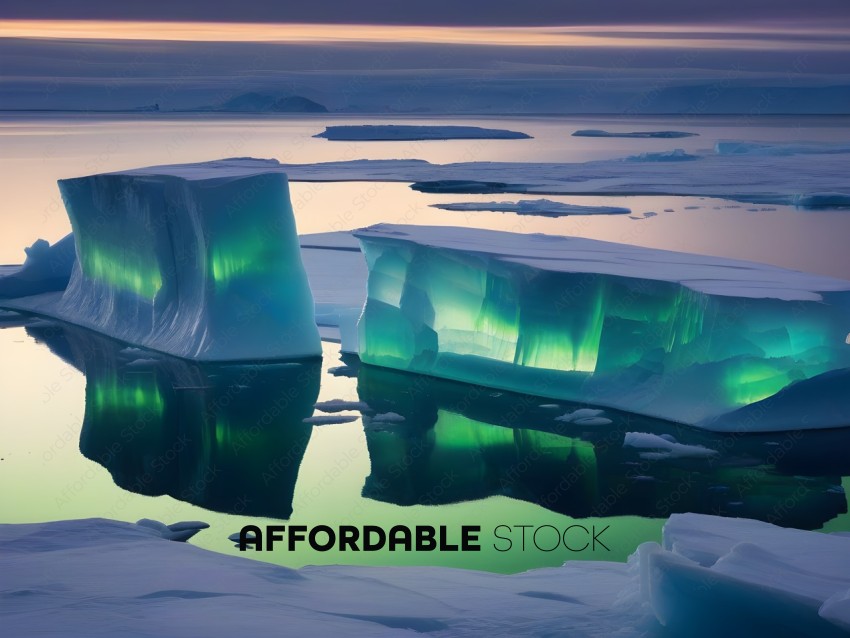 A large iceberg with a glowing green light