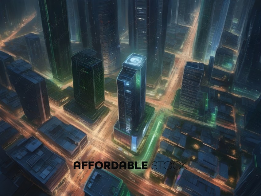 A futuristic cityscape with a large building in the center