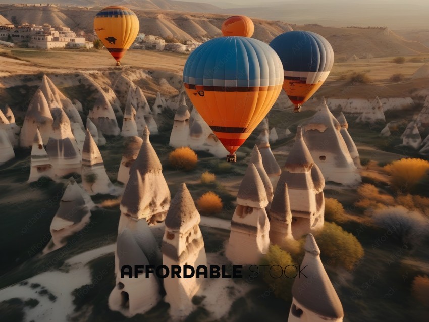 A group of hot air balloons flying over a landscape of rock formations