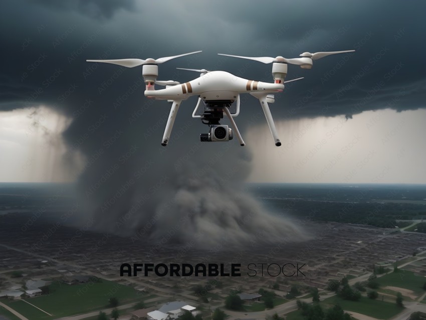 A drone flying over a city with a cloud in the background