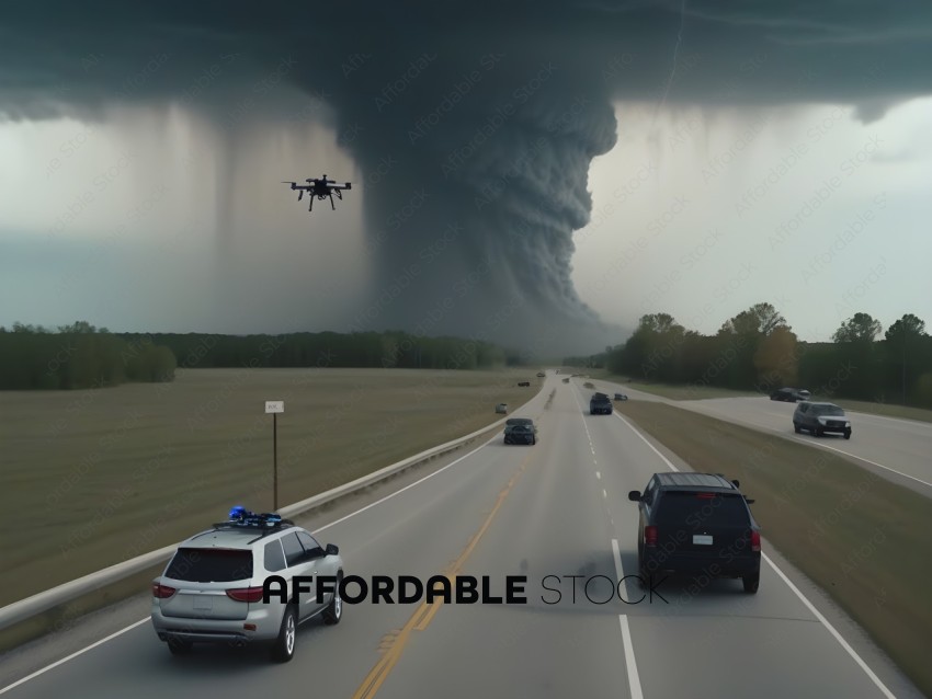 A drone flying over a highway with a tornado in the background