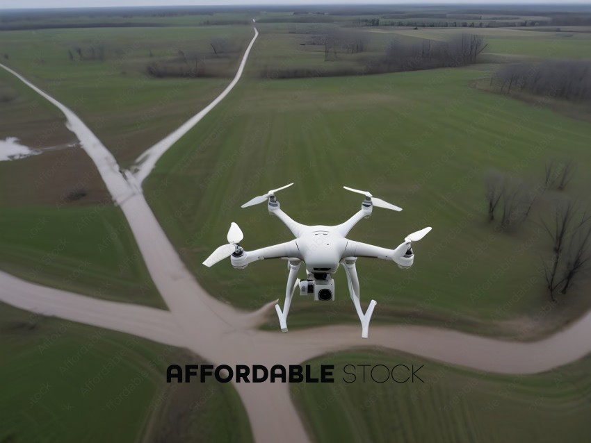 A white drone flying over a field