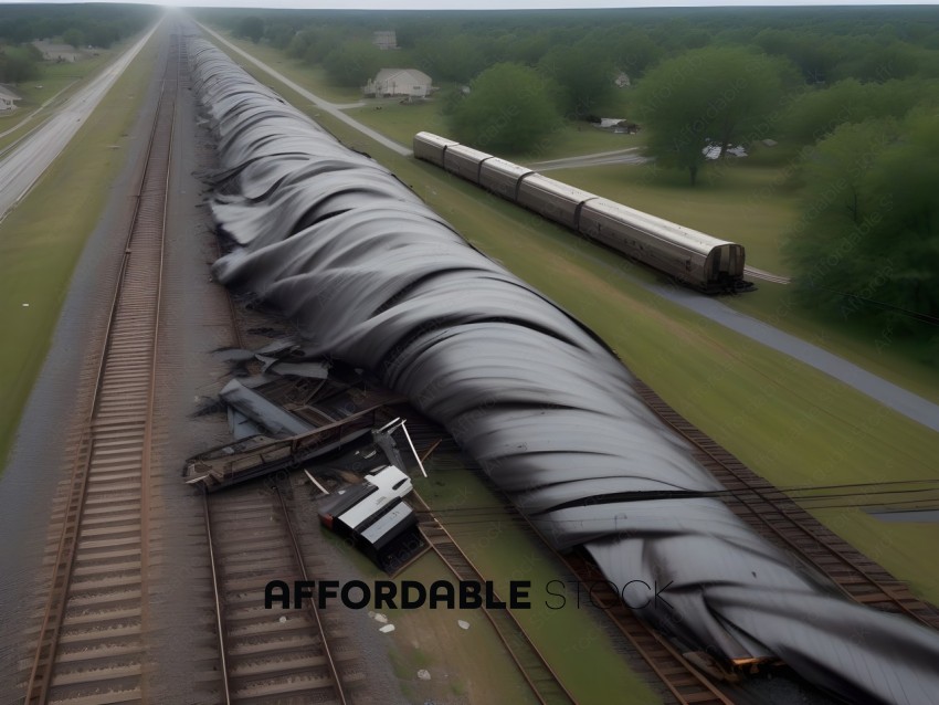 A train with a large black tarp on it