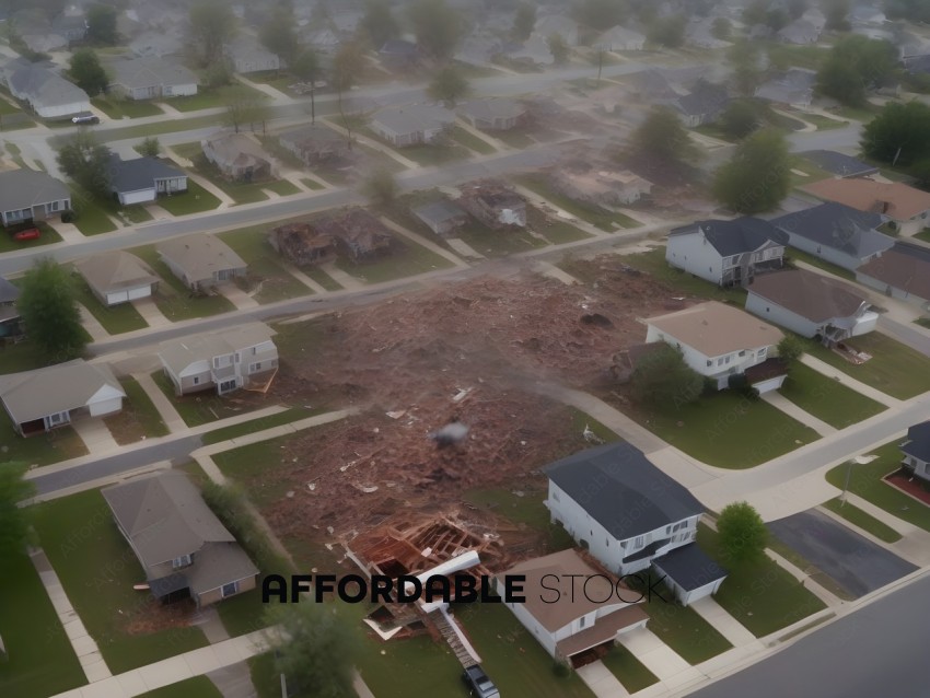 A neighborhood with houses and trees destroyed