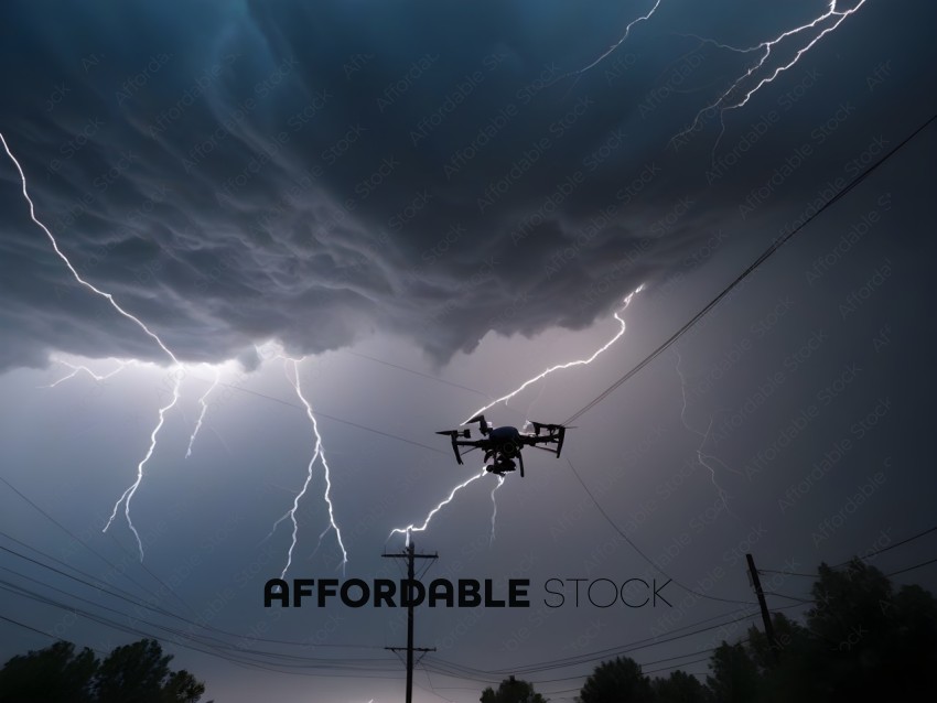A drone flying in the sky with lightning in the background