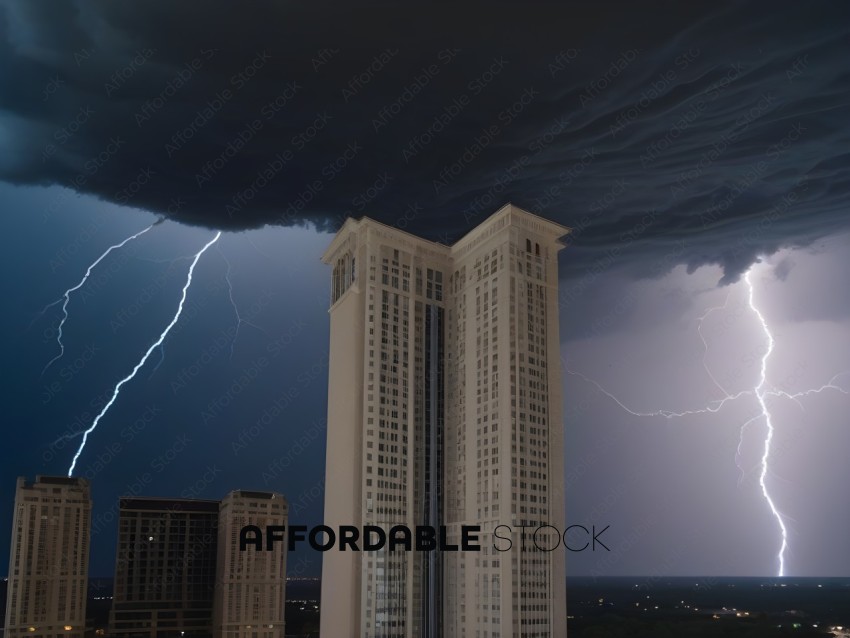 Tall building with lightning in the background