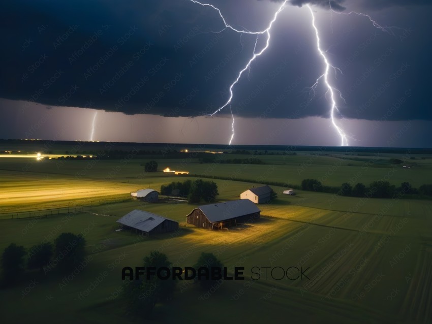 A storm is approaching a farm with barns and houses