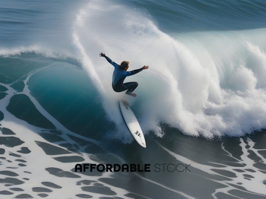 A surfer in a blue wetsuit rides a wave