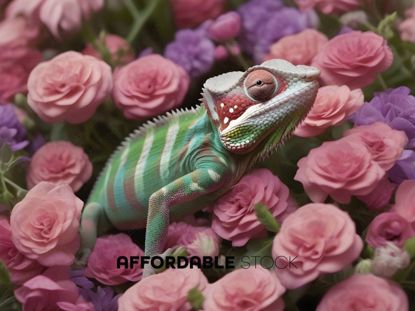 A green and white lizard in a flower bed