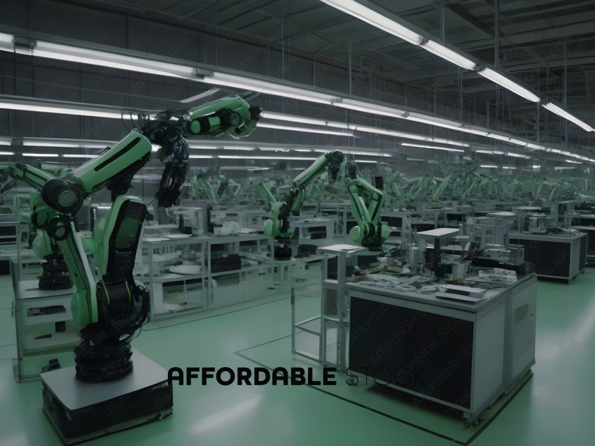 A factory with many robots working on the assembly line