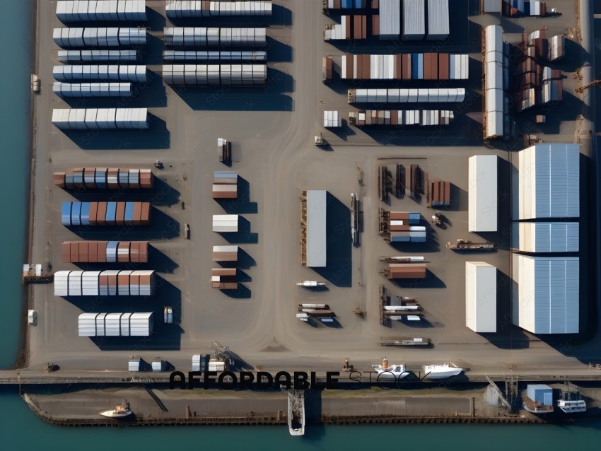A large shipyard with many storage containers and a boat