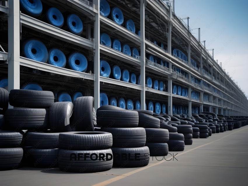 Tires stacked in a warehouse