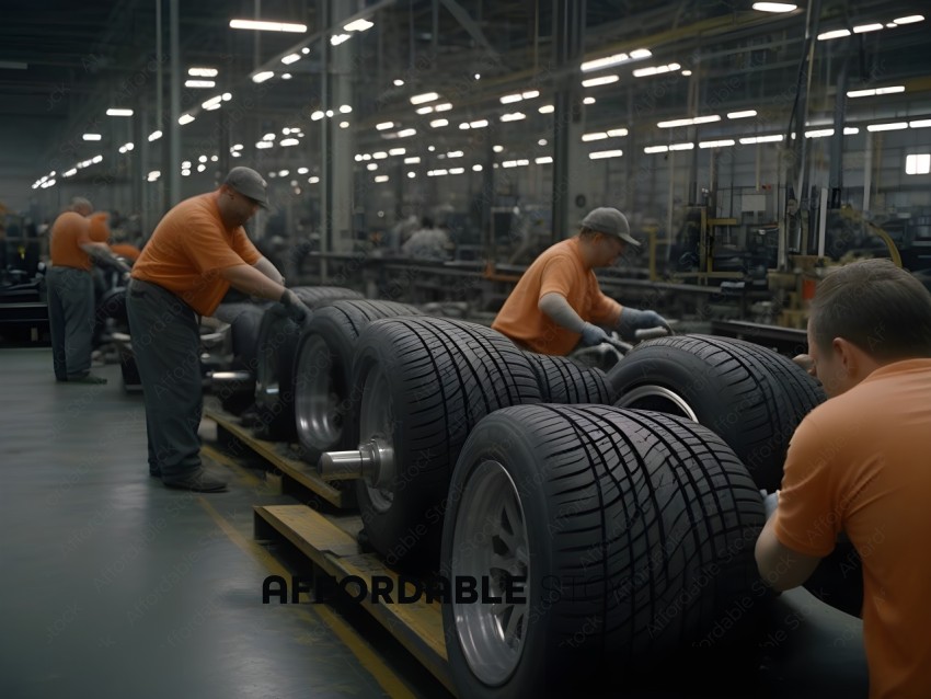 Workers in a factory setting, working on tires