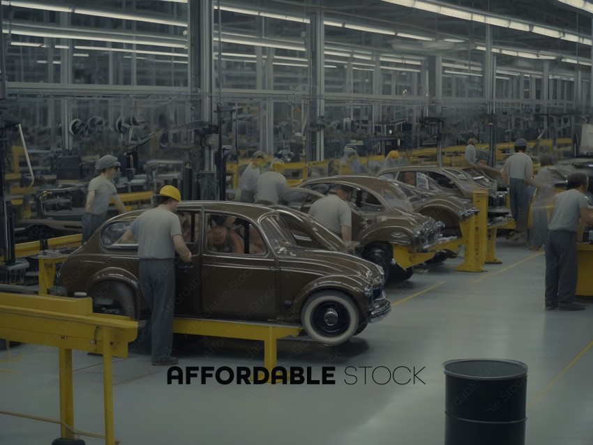 Workers in a factory working on cars